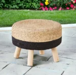 Pouf Ottoman, 17" Round Footstool with Wood Leg, Handmade Natural Water Hyacinth Outdoor Footrest, Sofa Side Table, Accent Vanity Chair for Bedroom (Natural Water Hyacinth & Black Corn Husk) - Image 2