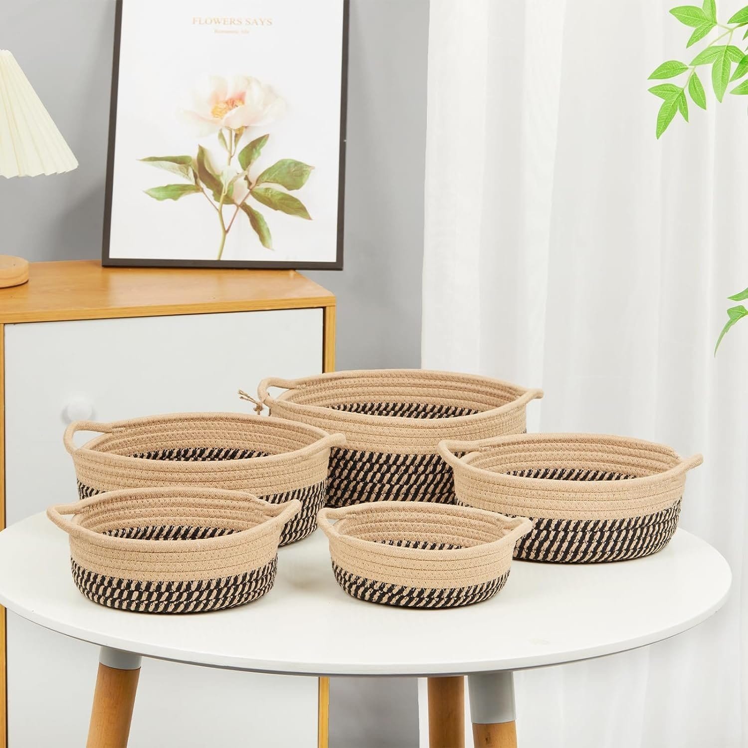 71leMGZpHgL._AC_SL1500_.jpg 5 Pieces Storage Basket Sets Cotton Rope Woven Baskets for Organizing Small Round Basket Baby Nursery Bins | Fruit Baskets - Image 1