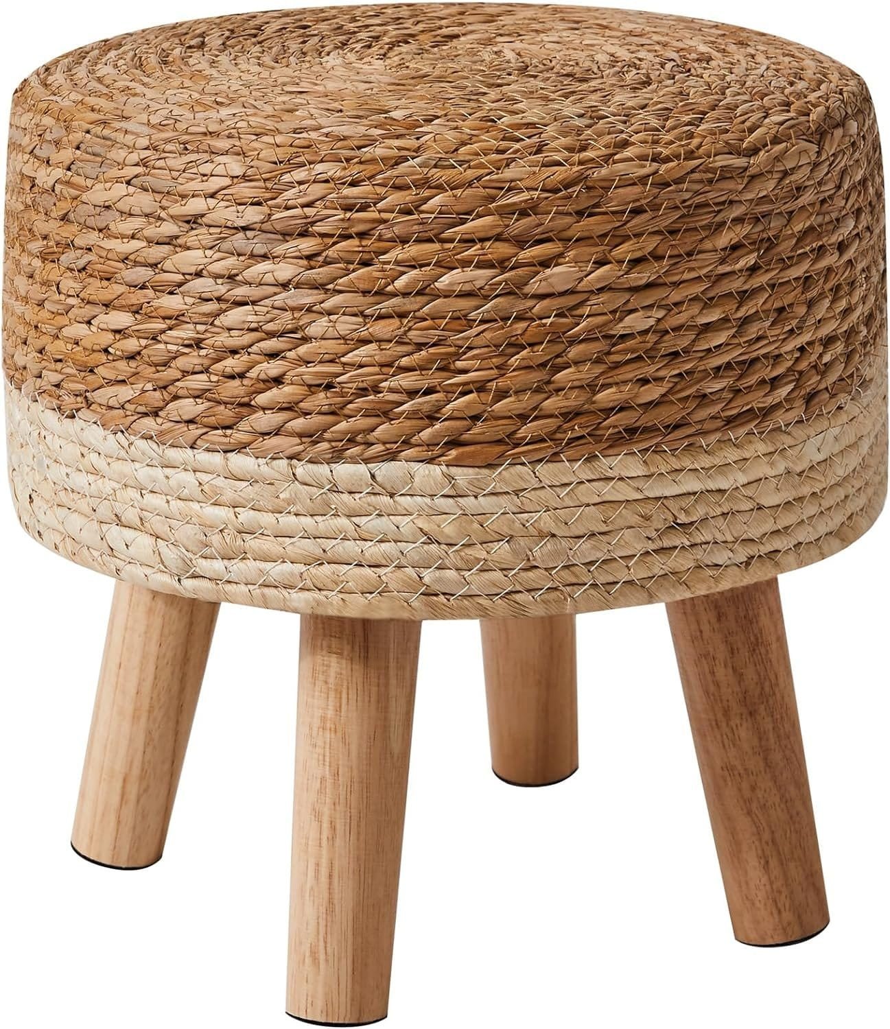 810uRn4c1bL._AC_SL1500_.jpg Jute Seagrass Stool White Stripes | 12.6" Small Ottoman, Round Footrest for Living Room, Bedroom, Entryway, Change Shoes Stool, Non-Skid Wood Legs, Boho, Natural+White - Image 1