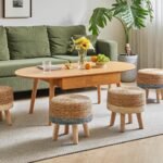 Jute Seagrass Stool White Stripes | 12.6" Small Ottoman, Round Footrest for Living Room, Bedroom, Entryway, Change Shoes Stool, Non-Skid Wood Legs, Boho, Natural+White - Image 4