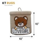 Beige cotton rope storage basket with embroidered teddy bear and Lovegirl Pattern, removable lid, and handles – 10x10 inches (25x25 cm) nursery hamper