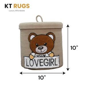 Beige cotton rope storage basket with embroidered teddy bear and Lovegirl Pattern, removable lid, and handles – 10x10 inches (25x25 cm) nursery hamper