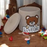 Beige cotton rope storage basket with embroidered teddy bear and Lovegirl Pattern, removable lid, and handles – 10x10 inches (25x25 cm) nursery hamper