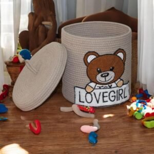 Beige cotton rope storage basket with embroidered teddy bear and Lovegirl Pattern, removable lid, and handles – 10x10 inches (25x25 cm) nursery hamper