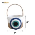 Cotton Rope Basket with Evil Eye Design, 18x15 Cm, White and Blue, Handmade Organizer for Toys and Gift Hampers
