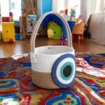Cotton Rope Basket with Evil Eye Design, 18x15 Cm, White and Blue, Handmade Organizer for Toys and Gift Hampers