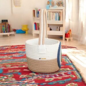 Cotton Rope Basket with Evil Eye Design, 18x15 Cm, White and Blue, Handmade Organizer for Toys and Gift Hampers