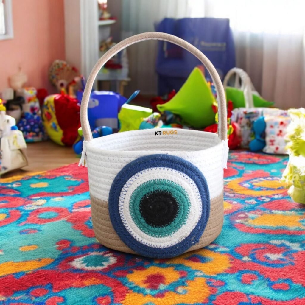 Cotton Rope Basket with Evil Eye Design, 18x15 Cm, White and Blue, Handmade Organizer for Toys and Gift Hampers
