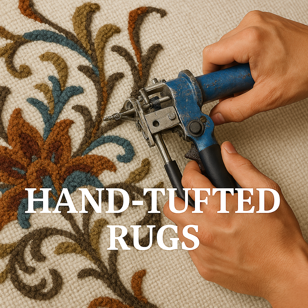 Thumbnail showing three hand-tufted rugs displayed side by side—a gray and white abstract design on the left, a teal geometric pattern in the center, and a warm ochre tribal motif on the right—overlaid with the text ‘Hand-Tufted Rugs’ in a clean sans-serif font.