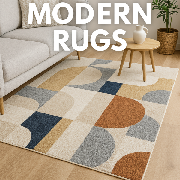 A contemporary living room featuring a low-pile digital printed rug with a bold geometric pattern in muted beige, gray, and navy tones, accompanied by a mid-century modern sofa, brass side table, pampas grass, and a potted fiddle leaf fig.