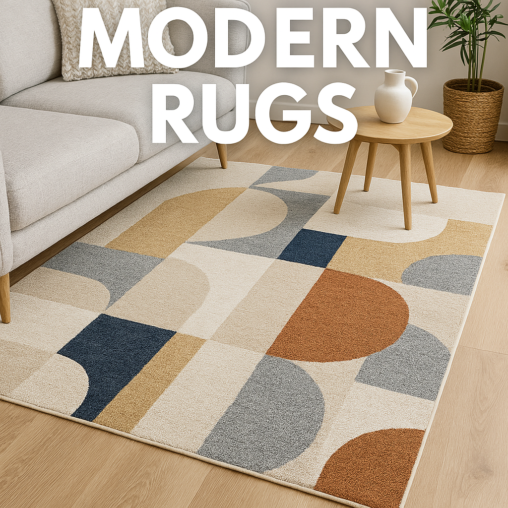 A contemporary living room featuring a low-pile digital printed rug with a bold geometric pattern in muted beige, gray, and navy tones, accompanied by a mid-century modern sofa, brass side table, pampas grass, and a potted fiddle leaf fig.