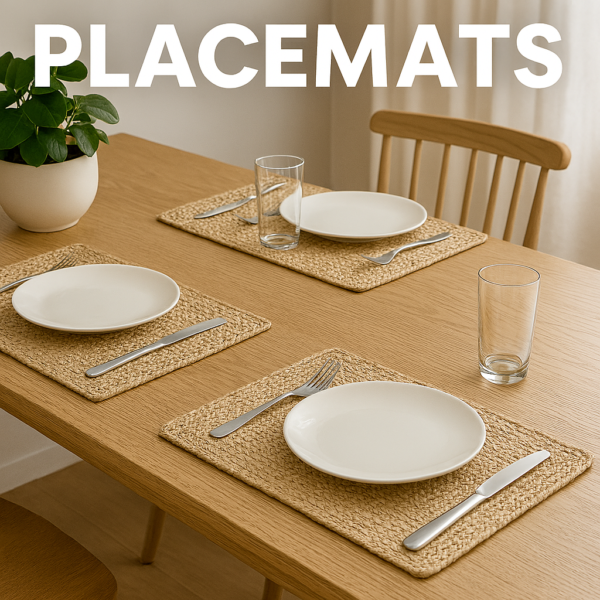 A light oak dining table set with four woven beige placemats, each topped with a white plate, silverware, and a wine glass, and “PLACEMATS” in bold white lettering across the top.