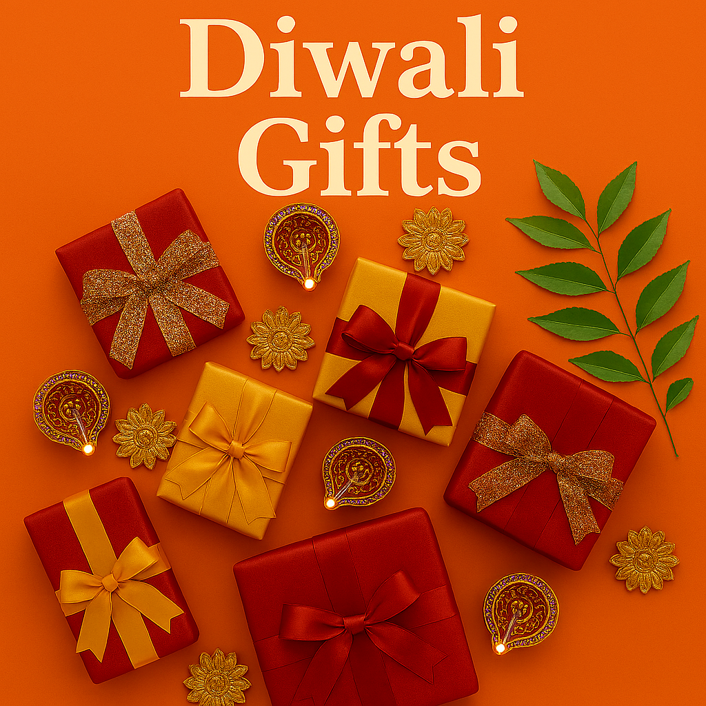 Thumbnail image showcasing a colorful Diwali spread: handmade jute baskets adorned with embroidered patches, glowing diyas, vibrant marigold petals, gourmet sweets, and decorative lanterns on a traditional patterned cloth.