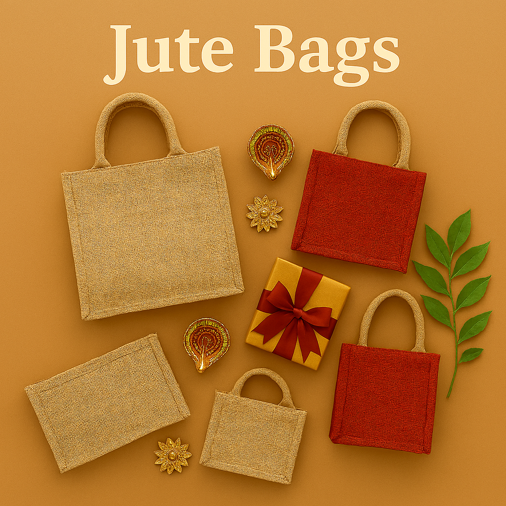 Thumbnail image showing a trio of eco-friendly jute bags in natural, charcoal, and ivory hues, arranged on a light wooden surface with sprigs of green leaves and decorative wooden beads.