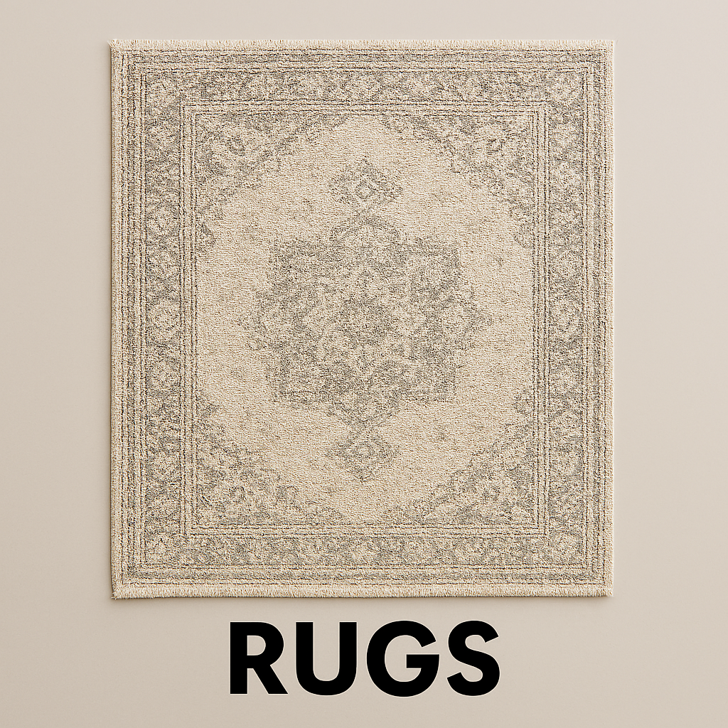 Neutral-toned traditional area rug with ornate medallion and border design on beige background, labeled 'RUGS'