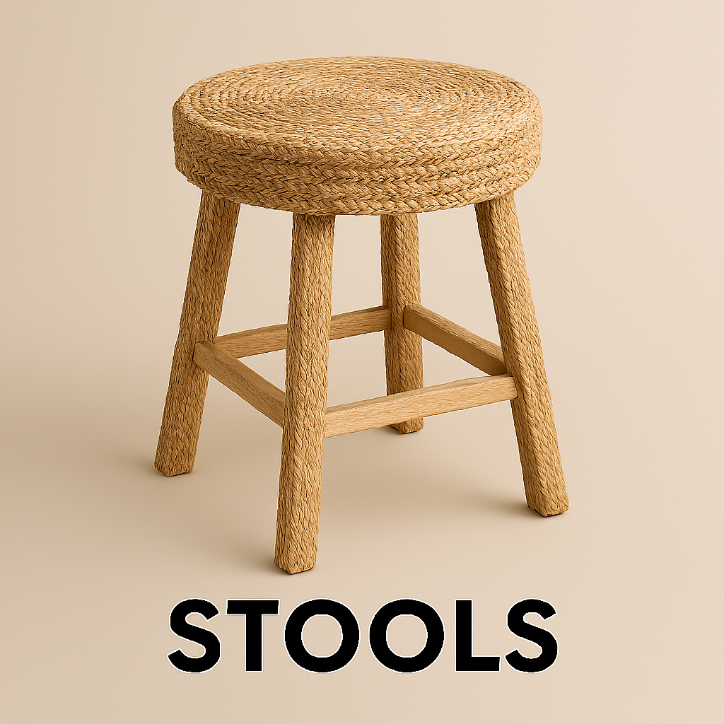 Round jute stool with woven seat and natural wooden legs on beige background, labeled 'STOOLS
