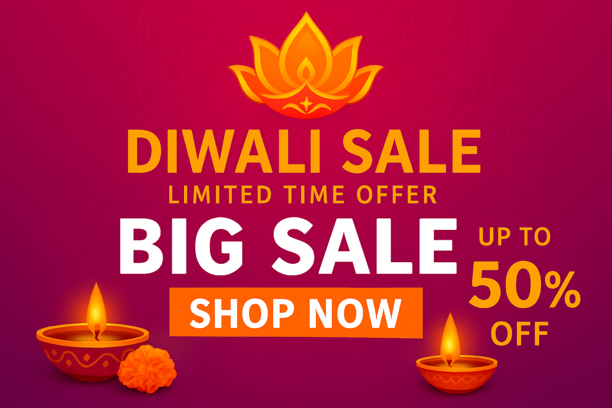 Vibrant Diwali sale banner with glowing diyas, lotus flower, and bold text offering up to 50% off in pink-orange festive background