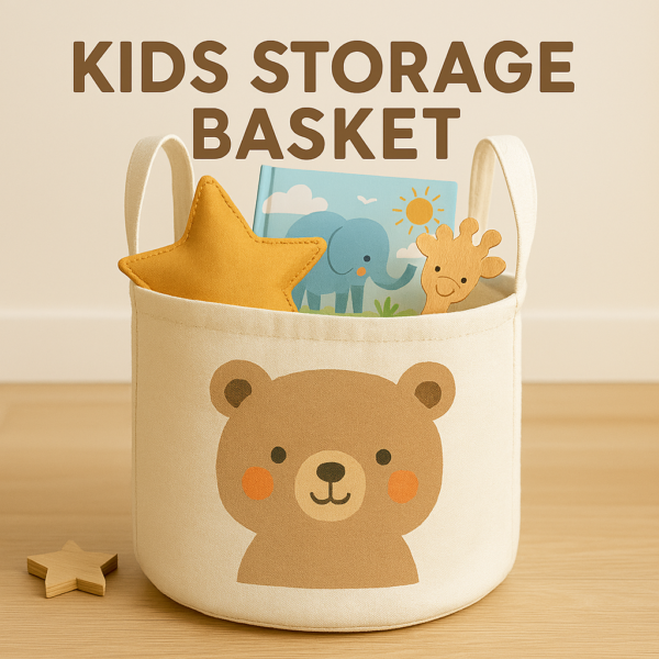 Cream-colored canvas kids storage basket with bear face illustration, filled with a plush star, picture book, and wooden giraffe toy, placed on a light wooden floor.