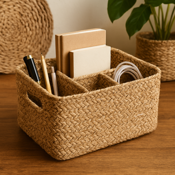 Rectangular woven jute organiser with three compartments holding pens, notebooks, and a charging cable, placed on a wooden surface with natural décor in the background.