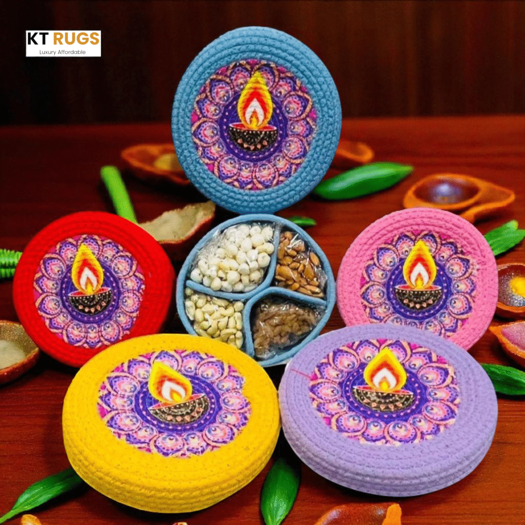 Pack of 5 eco-friendly Diwali dry fruit tray boxes in red, yellow, pink, aqua, and purple—made from 100% recycled cotton, 8x8 inches, ideal for customized sweet hampers Perfect for gifting, retail, or DIY hamper kits. Best For Eco-friendly diwali gifts 2025