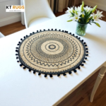 KT Rugs 15" Round Jute Placemat with Teasels – Handwoven Table Mat for Dining & Decor | Natural Beige with Black Accents | Eco-Friendly & Stylish