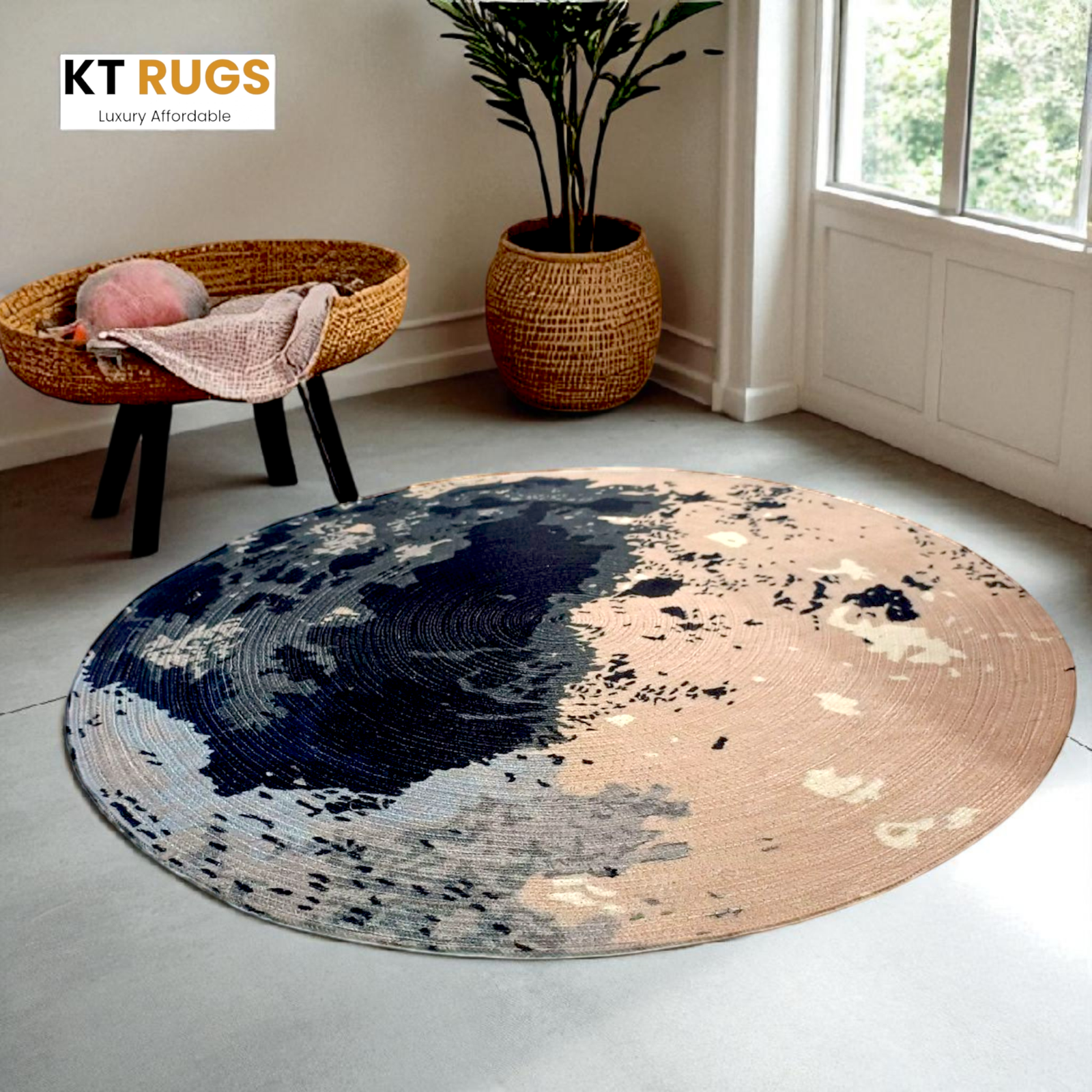 IMG_20250922_153527469 (5) KT Rugs Luxury Affordable Round Rug – 90 cm (3 ft) – Premium Polypropylene Material – Abstract Splash Design in Blue, Beige & Grey – Modern Living Room, Bedroom & Office Decor - Image 1